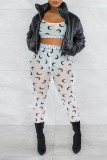 White Sexy Print Patchwork See-through U Neck Sleeveless Two Pieces