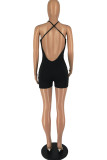 Rose Red Fashion Sexy Solid Hollowed Out Backless Halter Skinny Romper