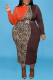 Coffee Fashion Casual Print Leopard Patchwork With Belt O Neck Long Sleeve Plus Size Dresses