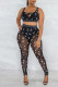 Black Sexy Print Patchwork See-through U Neck Sleeveless Two Pieces