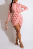 Pink Sweet Solid Patchwork Fold Half A Turtleneck Irregular Dress Dresses