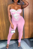 Pink Sexy Print Patchwork Strapless Sleeveless Two Pieces