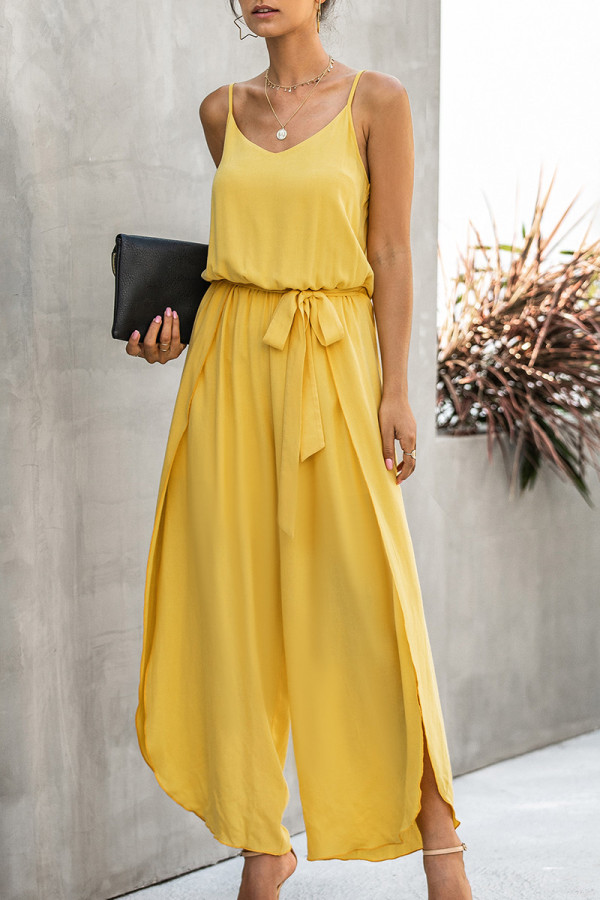 Yellow Fashion Street Solid Frenulum Spaghetti Strap Loose Jumpsuits