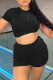 Black Fashion Casual Solid Basic O Neck Short Sleeve Two Pieces