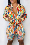 Yellow Fashion Casual Print Basic Zipper Collar Long Sleeve Two Pieces