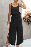 Black Fashion Street Solid Frenulum Spaghetti Strap Loose Jumpsuits