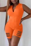 Pink Sexy Casual Solid Ripped Zipper Collar Skinny Romper
