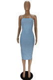 Blue Fashion Sexy Solid Split Joint Backless Spaghetti Strap Pencil Skirt Dresses