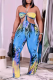 Blue Sexy Patchwork Tie-dye Halter Straight Jumpsuits