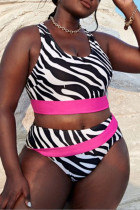 Black Fashion Sexy Zebra Print Split Joint U Neck Plus Size Swimwear