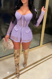 Purple Sexy Solid Mesh Square Collar Long Sleeve Two Pieces