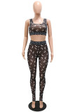 White Sexy Print Patchwork See-through U Neck Sleeveless Two Pieces