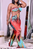 Red Sexy Patchwork Tie-dye Halter Straight Jumpsuits
