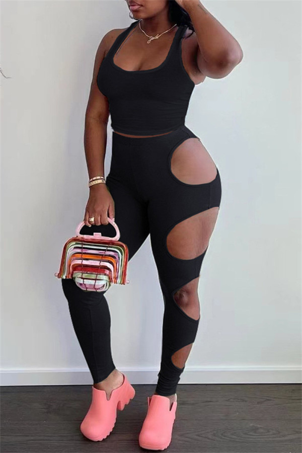 Black Sexy Casual Solid Hollowed Out U Neck Sleeveless Two Pieces