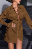 Beige Fashion Casual Solid Patchwork Turndown Collar Shirt Dress Dresses