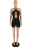 Black Fashion Sexy Solid Hollowed Out Backless Halter Skinny Romper
