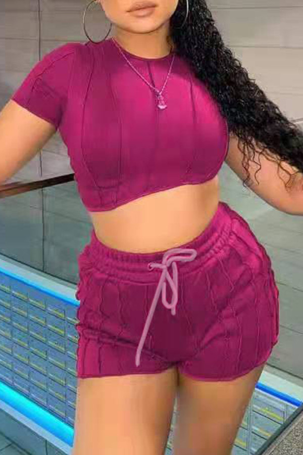 Rose Red Fashion Casual Solid Basic O Neck Short Sleeve Two Pieces