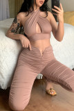 Red Fashion Sexy Solid Hollowed Out Backless Fold Halter Sleeveless Two Pieces