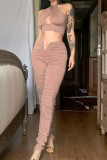Red Fashion Sexy Solid Hollowed Out Backless Fold Halter Sleeveless Two Pieces