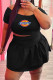 Black Fashion Casual Print Patchwork Off the Shoulder Short Sleeve Two Pieces