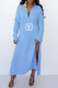 Light Blue Fashion Casual Print Letter Turndown Collar Straight Dresses