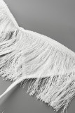 White Fashion Sexy Solid Tassel Hollowed Out Backless Halter Strapless Dress