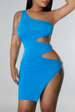 Blue Sexy Solid Hollowed Out Patchwork Oblique Collar Pencil Skirt Dresses