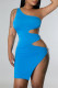 Blue Sexy Solid Hollowed Out Patchwork Oblique Collar Pencil Skirt Dresses