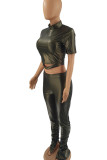 Coffee Sexy Solid Patchwork Turtleneck Short Sleeve Two Pieces