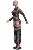 Pink Fashion Sexy Adult Print Patchwork See-through O Neck Long Sleeve Ankle Length Printed Dress Dresses