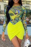 Rose Red Sexy Print Patchwork O Neck Long Sleeve Two Pieces