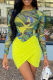 Lemon Yellow Sexy Print Patchwork O Neck Long Sleeve Two Pieces
