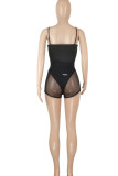 Rose Red Sexy Solid Patchwork See-through Spaghetti Strap Sleeveless Two Pieces