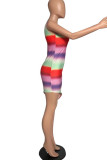 Red Casual Striped Print Patchwork Asymmetrical U Neck Vest Dress Dresses