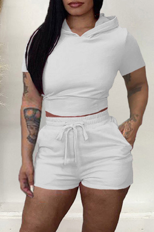 White Fashion Casual Solid Bandage Backless Hooded Collar Short Sleeve Two Pieces