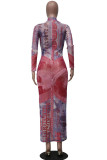 Pink Fashion Sexy Adult Print Patchwork See-through O Neck Long Sleeve Ankle Length Printed Dress Dresses
