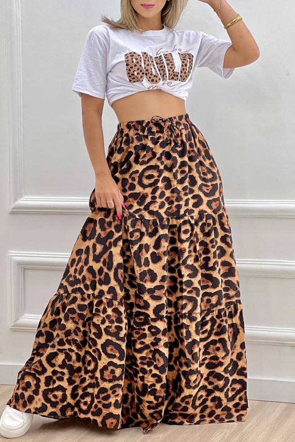 Brown Fashion Casual Letter Print Basic O Neck Short Sleeve Two Pieces
