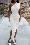 Blue Fashion Sexy Solid Slit Oblique Collar Long Dress