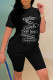 Black Fashion Casual Print Basic O Neck Short Sleeve Two Pieces
