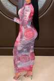 Pink Fashion Sexy Adult Print Patchwork See-through O Neck Long Sleeve Ankle Length Printed Dress Dresses