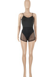 Rose Red Sexy Solid Patchwork See-through Spaghetti Strap Sleeveless Two Pieces