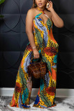 Multicolor Fashion Sexy Floral Backless Halter Loose Jumpsuits