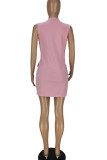 Pink Casual Solid Patchwork Pocket Buckle V Neck One Step Skirt Dresses