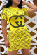 Yellow Fashion Casual Print Letter O Neck One Step Skirt Dresses