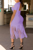 White Sexy Casual Solid Tassel Hollowed Out Backless V Neck Short Sleeve Dress