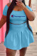 Light Blue Fashion Casual Print Letter Off the Shoulder Short Sleeve Two Pieces