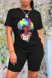 Black Fashion Casual Print Basic O Neck Short Sleeve Two Pieces