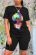 Black Fashion Casual Print Basic O Neck Short Sleeve Two Pieces