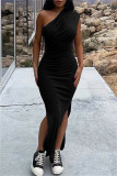 Blue Fashion Sexy Solid Slit Oblique Collar Long Dress