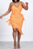 Orange Fashion Sexy Solid Tassel Patchwork Backless V Neck Sling Dress